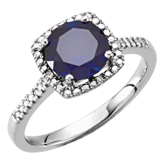 Statement Birthstone Lab-Grown Blue Sapphire Diamond Halo Sterling Silver Ring