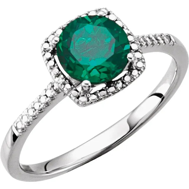 Statement Birthstone Lab-Grown Emerald Diamond Halo Sterling Silver Ring