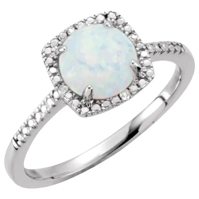 Statement Birthstone Lab-Grown Opal Diamond Halo Sterling Silver Ring