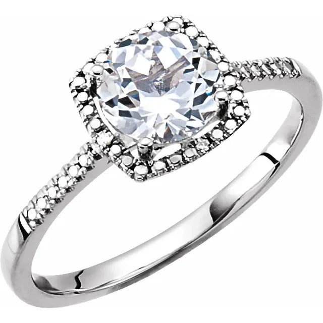 Statement Birthstone Lab-Grown White Sapphire Diamond Halo Sterling Silver Ring