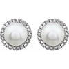 Round Statement Birthstone Cultured Freshwater Pearl & Diamond Halo Style Earrings in Sterling Silver