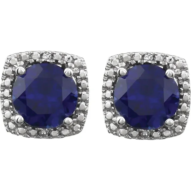 Statement Birthstone Lab-Grown Blue Sapphire & Diamond Halo Sterling Silver Earrings