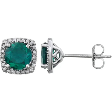 Statement Birthstone Lab-Grown Emerald & Diamond Halo Sterling Silver Earrings