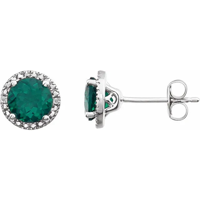 Round Statement Birthstone Lab-Grown Emerald & Diamond Halo Style Earrings in Sterling Silver
