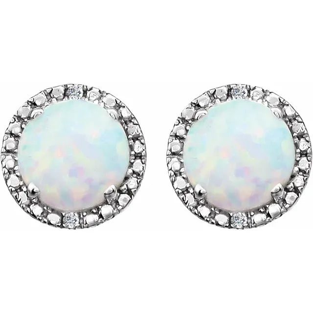 Round Statement Birthstone Lab-Grown Opal & Diamond Halo Style Earrings in Sterling Silver