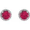 Round Statement Birthstone Lab-Grown Ruby & Diamond Halo Style Earrings in Sterling Silver