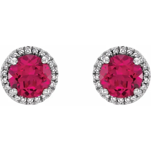 Round Statement Birthstone Lab-Grown Ruby & Diamond Halo Style Earrings in Sterling Silver