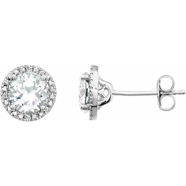 Round Statement Birthstone Lab-Grown White Sapphire & Diamond Halo Style Earrings in Sterling Silver