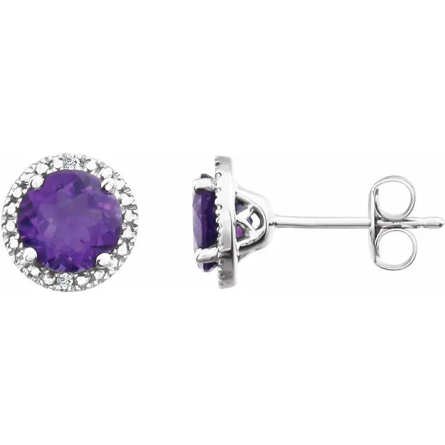 Round Statement Birthstone Natural Amethyst & Diamond Halo Style Earrings in Sterling Silver