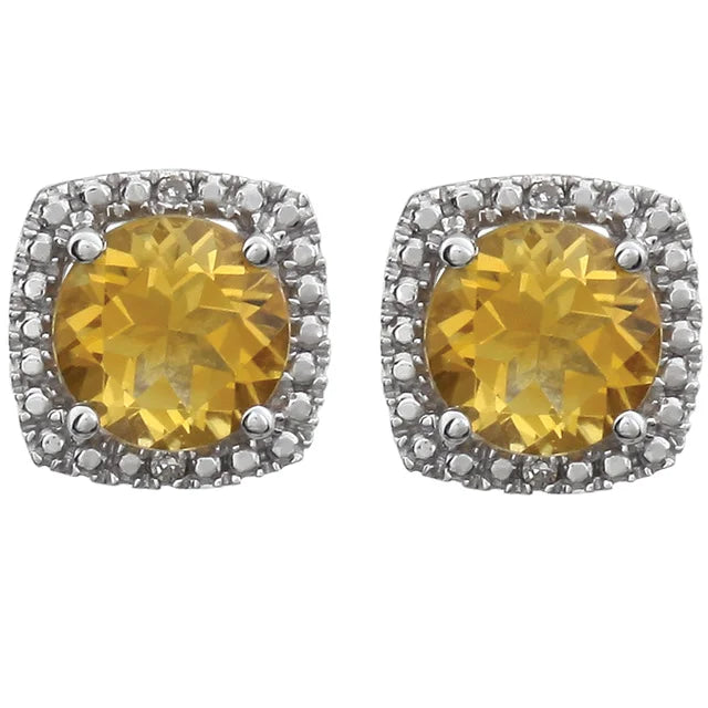 Statement Birthstone Natural Citrine & Diamond Halo Sterling Silver Earrings