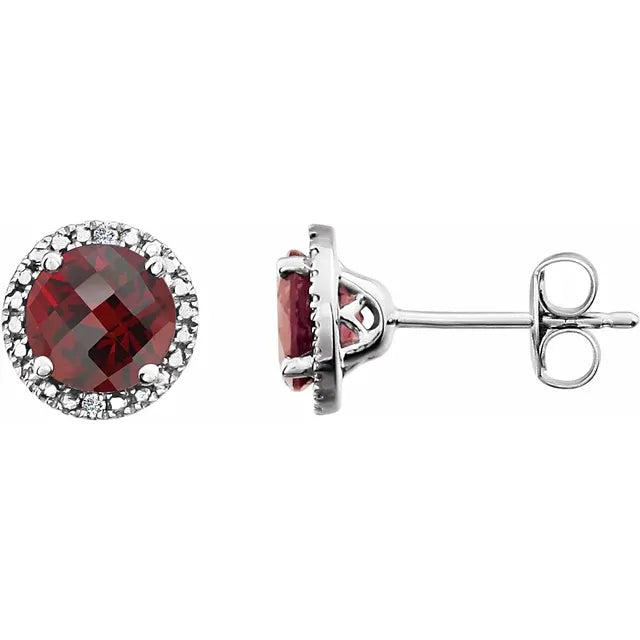 Round Statement Birthstone Natural Mozambique Garnet & Diamond Halo Style Earrings in Sterling Silver