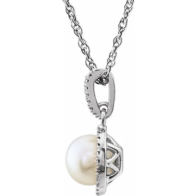 Sterling Silver Round Birthstone Freshwater Cultured Pearl Diamond Halo 18" Necklace