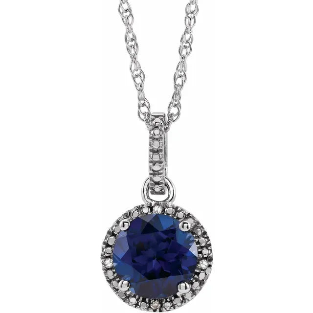 Sterling Silver Round Birthstone Lab-Grown Blue Sapphire Diamond Halo 18" Necklace