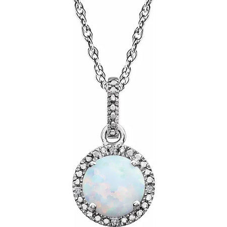 Sterling Silver Round Birthstone Lab-Grown Opal Diamond Halo 18" Necklace