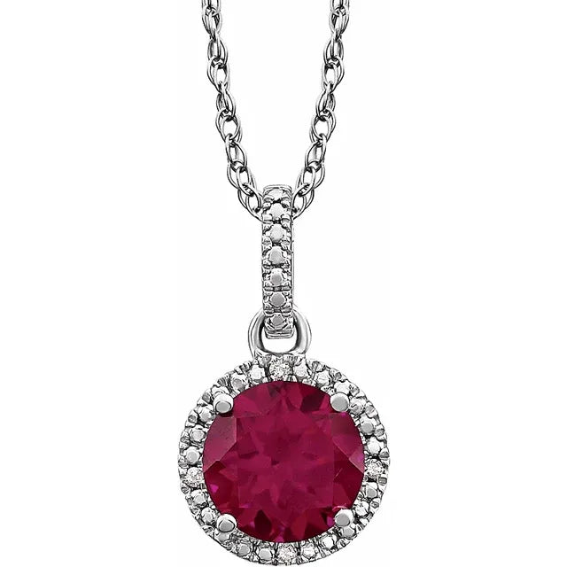 Sterling Silver Round Birthstone Lab-Grown Ruby Diamond Halo 18" Necklace