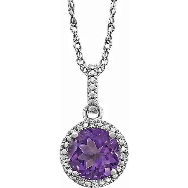 Sterling Silver Round Birthstone Natural Amethyst Diamond Halo 18" Necklace