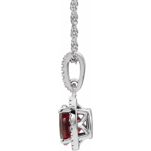 Sterling Silver Round Birthstone Natural Mozambique Garnet Diamond Halo 18" Necklace