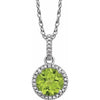 Sterling Silver Round Birthstone Natural Peridot Diamond Halo 18" Necklace