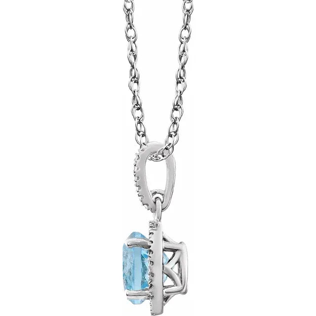 Sterling Silver Round Birthstone Natural Sky Blue Topaz Diamond Halo 18" Necklace