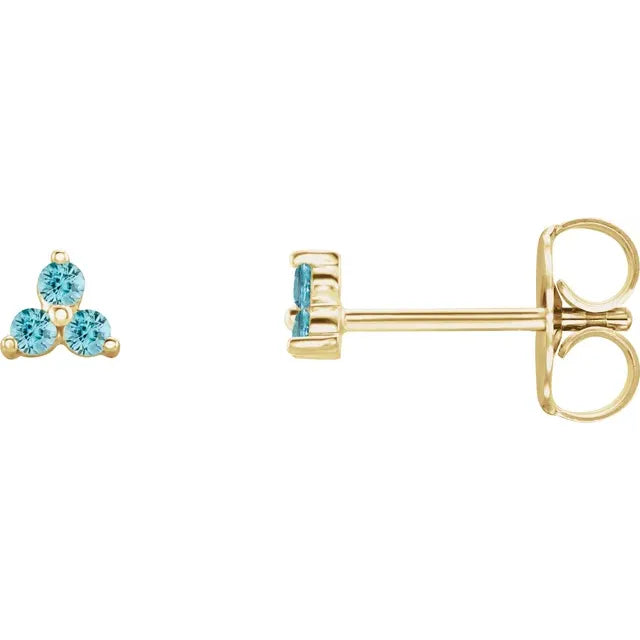 Blue Zircon Three Stone Zodiac Natural Gemstone Stud Earrings in 14K Yellow Gold 