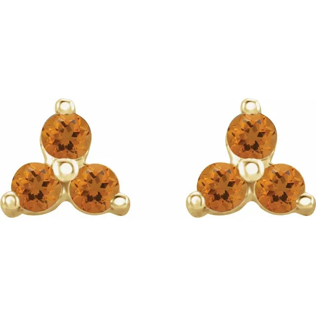 Citrine Three Stone Zodiac Natural Gemstone Stud Earrings in 14K Yellow Gold 