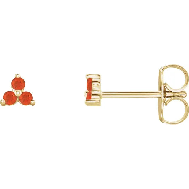 Mexican Fire Opal Three Stone Zodiac Natural Gemstone Stud Earrings in 14K Yellow Gold 
