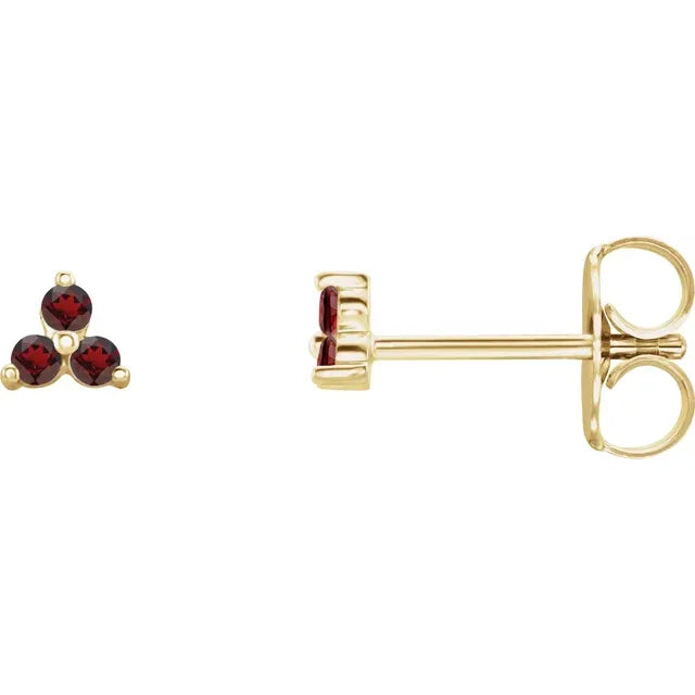 Mozambique Garnet Three Stone Zodiac Natural Gemstone Stud Earrings in 14K Yellow Gold 