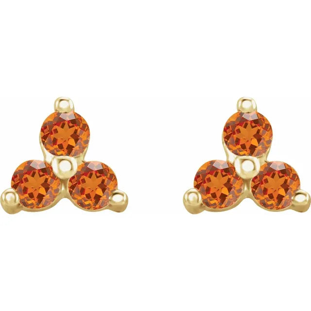 Orange Garnet Three Stone Zodiac Natural Gemstone Stud Earrings in 14K Yellow Gold 