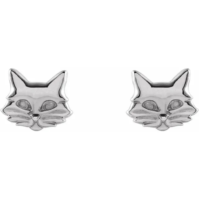 Tiny Cat Stud Earrings in 14K White Gold or Sterling Silver