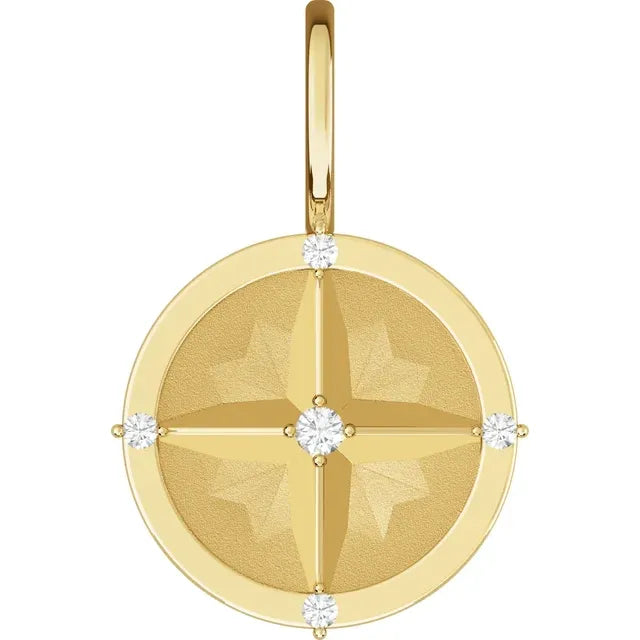 Travel Lover Compass Natural Diamond Charm Pendant 14K Yellow Gold 