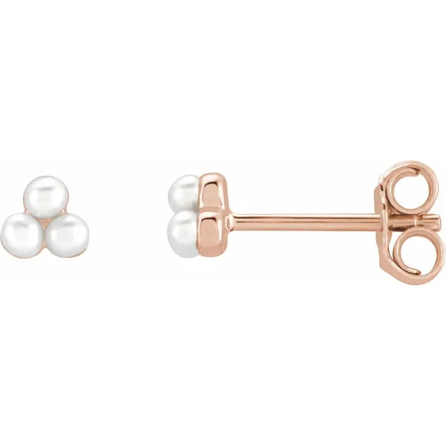 Trio Cluster Cultured Pearl Dainty Stud Earrings in 14K Rose Gold 