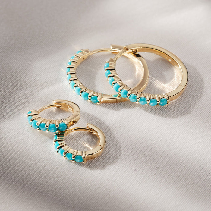 Natural Turquoise Cabochon Wear Everyday™ Hoop Earrings 14K Yellow shown in both sizes Gold