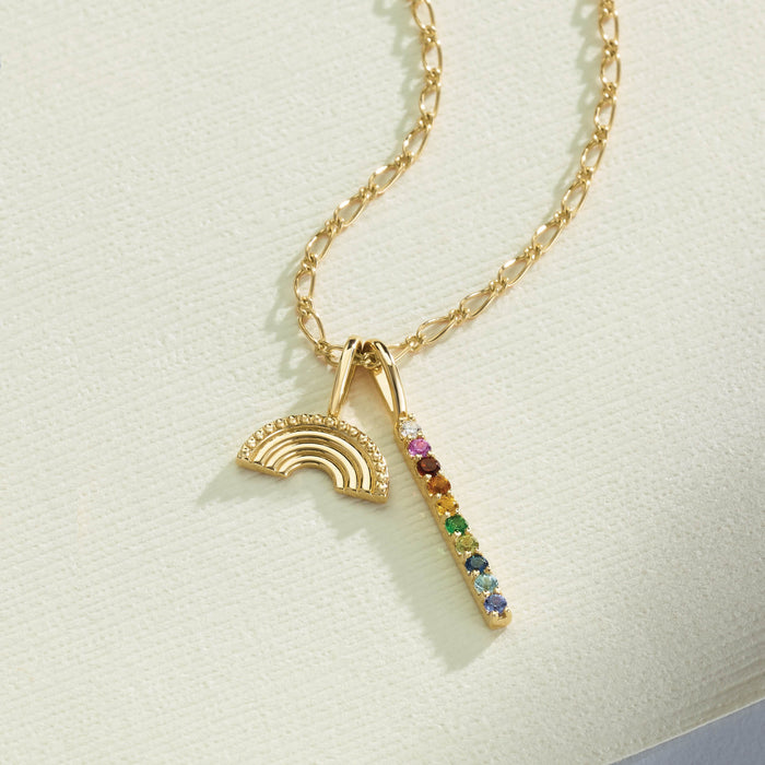 Vertical Natural Multi-Gemstone Bar Rainbow Pendant Charm 14K Yellow Gold on Figaro Chain with Solid Gold Rainbow Charm