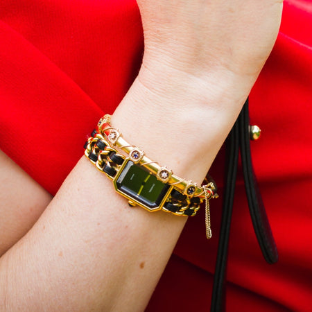 Model wearing our Vintage Victorian Etruscan Sapphire and Diamond Yellow Gold Bangle Bracelet