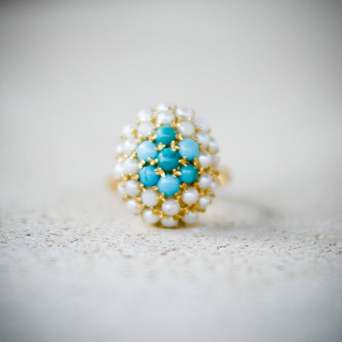 Vintage 18K Yellow Gold Turquoise & Pearl Ring Size 7