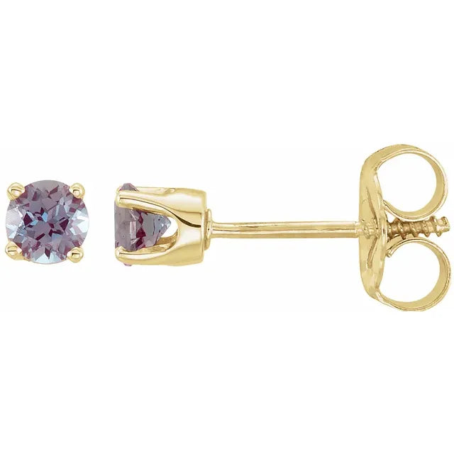 Youth Birthstone Stud Earrings 3 MM Round Lab-Grown Alexandrite 14K Yellow Gold