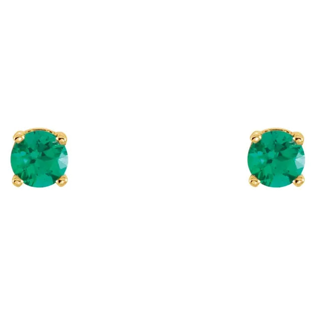 Youth Birthstone Stud Earrings 3 MM Round Lab-Grown or Natural Emerald 14K Yellow Gold