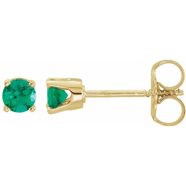 Youth Birthstone Stud Earrings 3 MM Round Lab-Grown or Natural Emerald 14K Yellow Gold