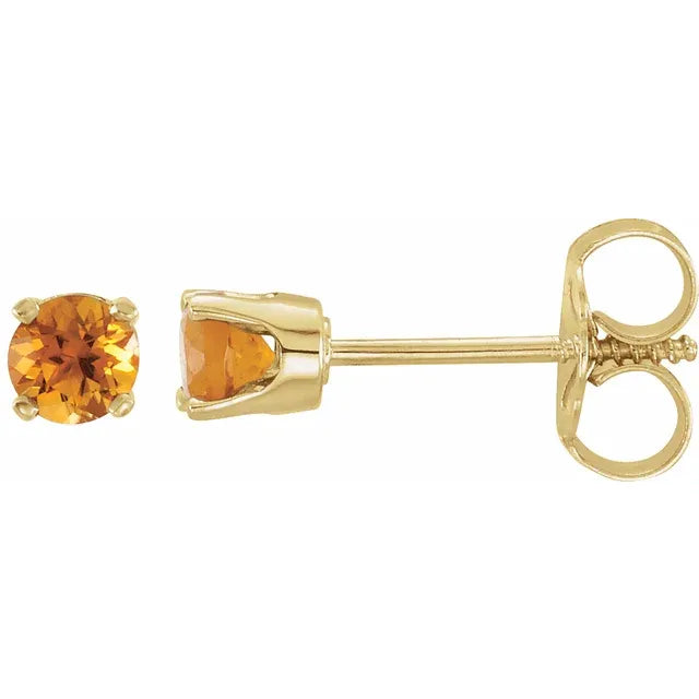 Youth Birthstone Stud Earrings 3 MM Round Natural Citrine 14K Yellow Gold