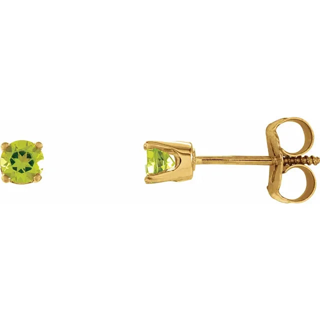 Youth Birthstone Stud Earrings 3 MM Round Natural Peridot 14K Yellow Gold