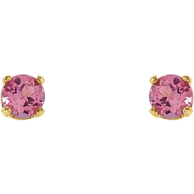 Youth Birthstone Stud Earrings 3 MM Round Natural Pink Tourmaline 14K Yellow Gold