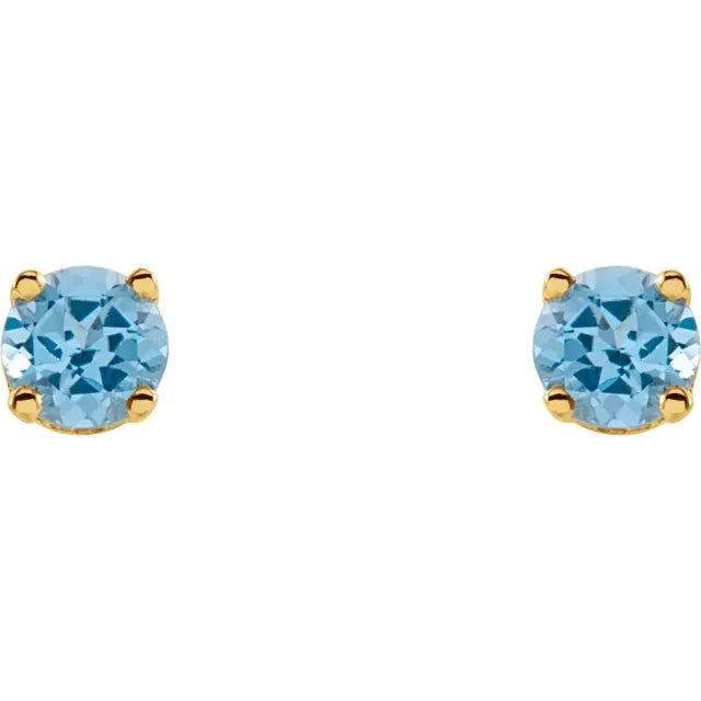 Youth Birthstone Stud Earrings 3 MM Round Natural Swiss Blue Topaz 14K Yellow Gold
