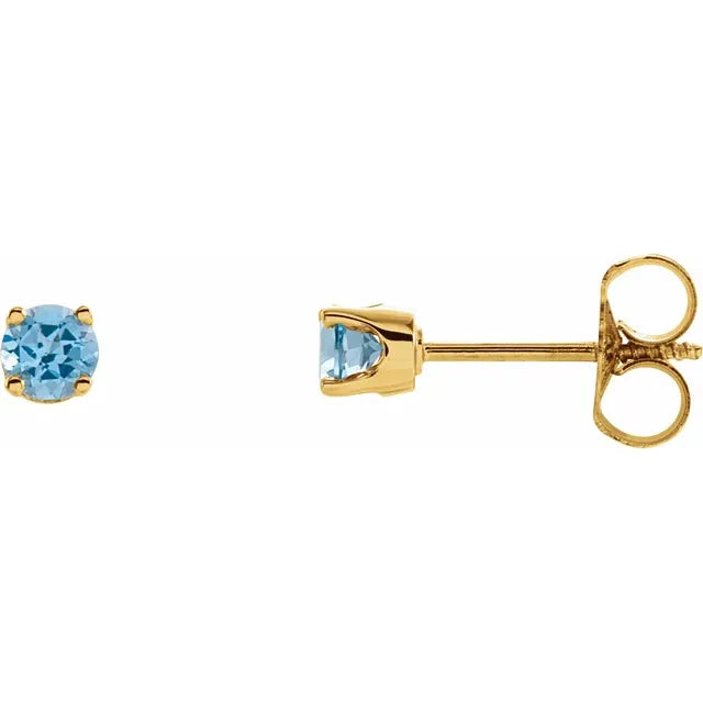Youth Birthstone Stud Earrings 3 MM Round Natural Swiss Blue 14K Yellow Gold