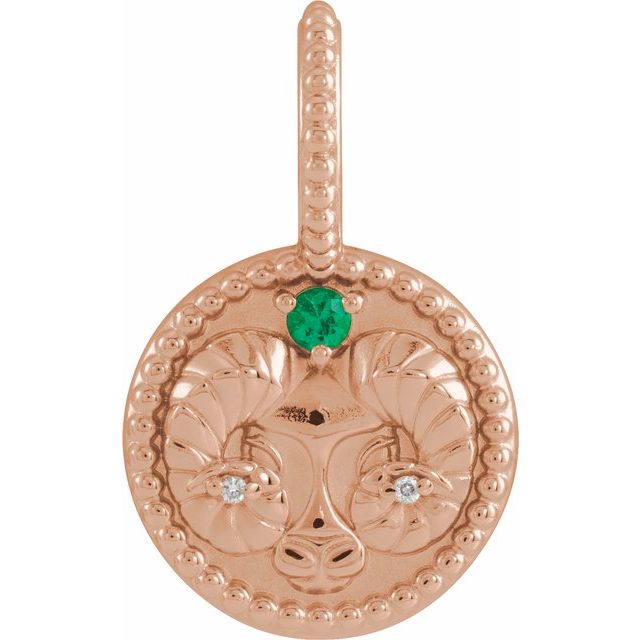 Natural Diamond and Emerald Zodiac Aries Charm Pendant 14K Rose Gold