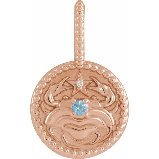 Natural Diamond and Aquamarine Zodiac Cancer Charm Pendant 14K Rose Gold