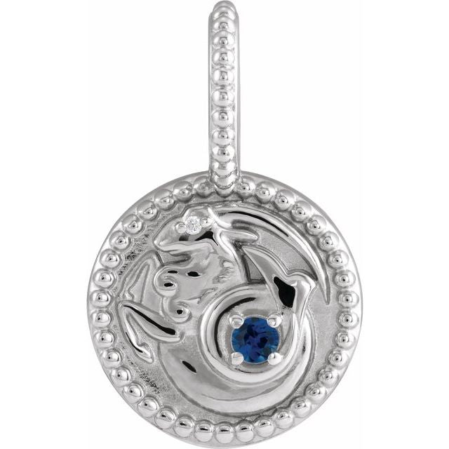 Natural Diamond and Blue Sapphire Zodiac Capricorn Charm Pendant 14K White Gold