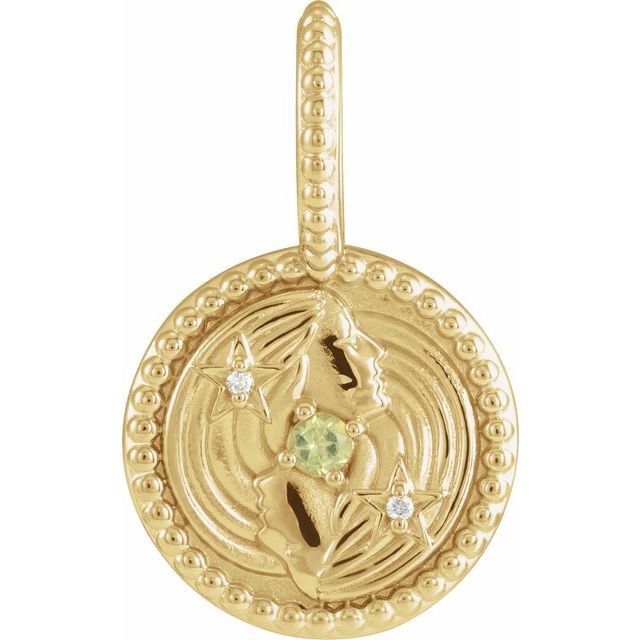 Natural Diamond and Peridot Zodiac Gemini Charm Pendant 14K Yellow Gold