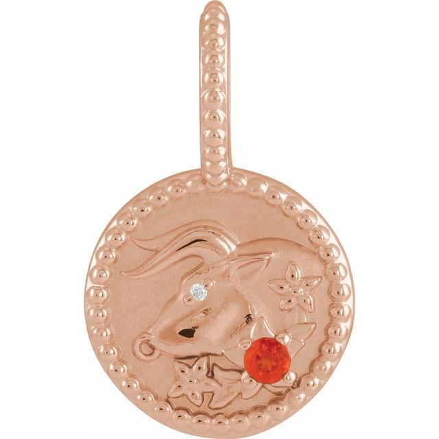 Natural Diamond and Mexican Fire Opal Zodiac Taurus Charm Pendant 14K Rose Gold