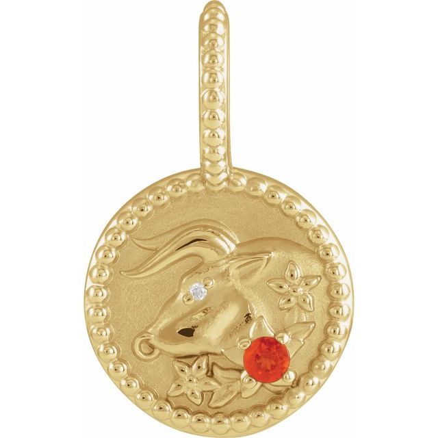 Natural Diamond and Mexican Fire Opal Zodiac Taurus Charm Pendant 14K Yellow Gold